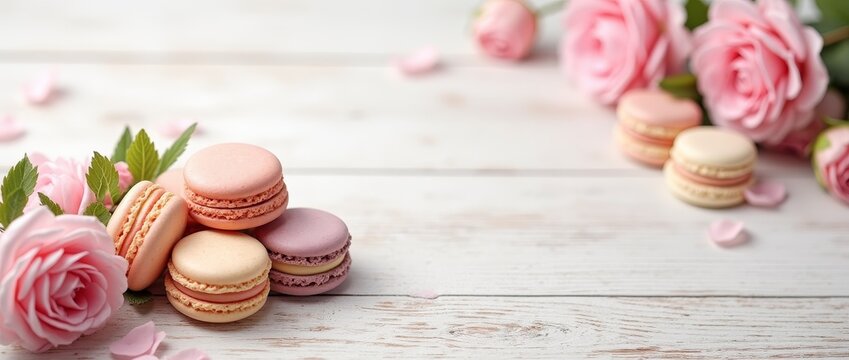 Fototapeta Assorted pastel macarons with pink roses and petals on a rustic white wooden table. Flat lay composition with copy space