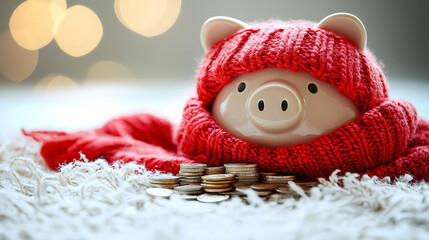 Fototapeta premium Cozy piggy bank wrapped in a red scarf surrounded by coins on a soft surface. Generative AI