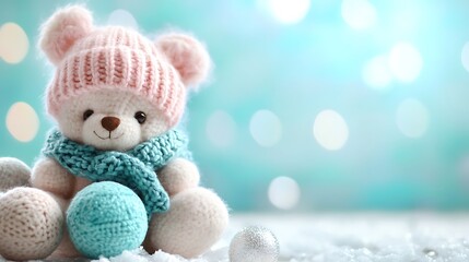Fototapeta premium Winter balls on an elegant aqua background with a cute pink teddy doll with a woolen cap