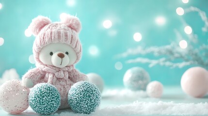 Obraz premium Winter balls on an elegant aqua background with a cute pink teddy doll with a woolen cap