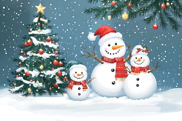 Obraz premium snowman and christmas tree