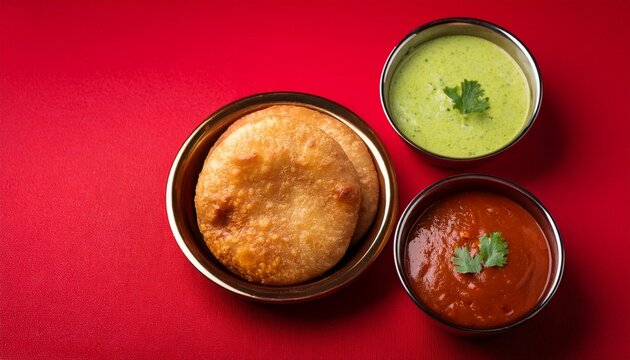 Indian traditional dish kachori with chutney on red background