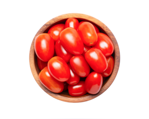 cherry tomatoes in wooden bowl isolated on white