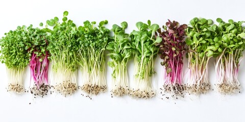 Vibrant array of microgreens on white background featuring sunflower soybeans onions radishes basil oats and alfalfa in parallel rows with green and pink hues