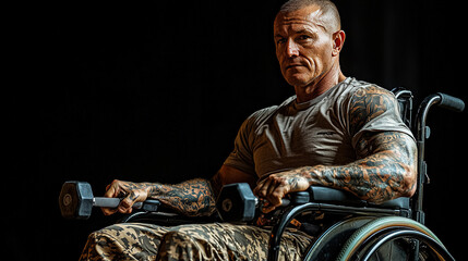 Determination and strength shine through as a tattooed man works out in a wheelchair at a gym during the day. Generative AI