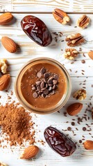 Chocolate smoothie with dates and nuts in a glass jar on a white wooden background, flat lay, copy space concept banner for a healthy food idea template.