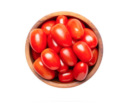 cherry tomatoes in wooden bowl isolated on white