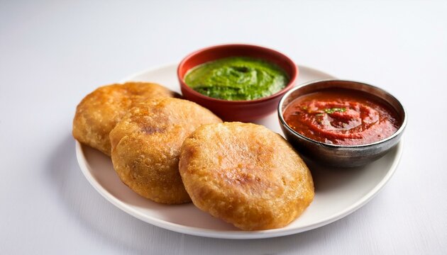 Indian traditional dish kachori with chutney on white background