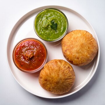 Indian traditional dish kachori with chutney on white background