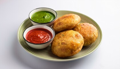 Indian traditional dish kachori with chutney on white background