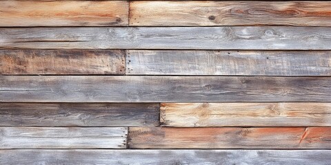 Fototapeta premium Wooden wall texture featuring weathered grey and brown planks arranged horizontally, with space for text in a blank area for design purposes.