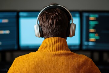 Young Creator Preparing for YouTube Channel Monetization with Dual Monitors and Headphones