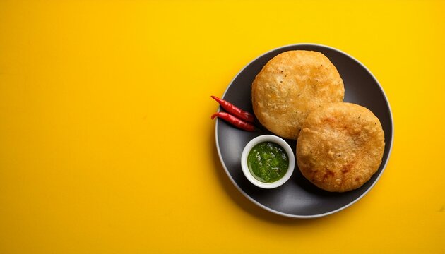 Indian traditional dish kachori with chutney on yellow background