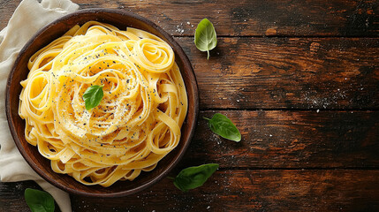 Creamy fettuccine alfredo served in a wooden bowl on a rustic table with fresh basil leaves. Generative AI