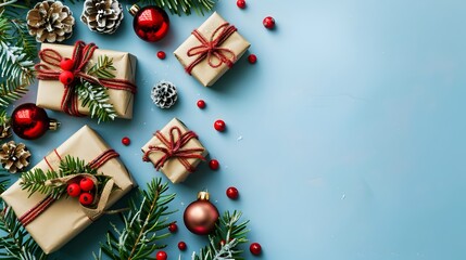 border with gifts, evergreen branches and red decorations on blue background. Banner for website