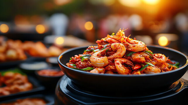 Korean Gaebul (live spoon worms) served with spicy sauces on a bustling seafood market table, [Exotic seafood, adventurous dining]