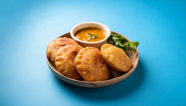 Indian traditional dish kachori with chutney on blue background