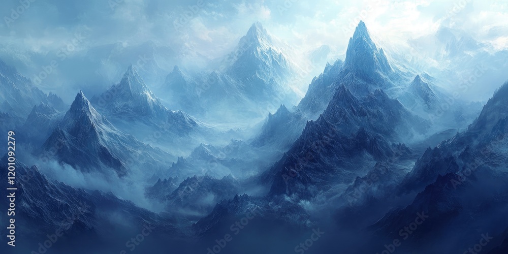 Wall mural misty blue mountains rise majestically into a soft sky blending with gentle horizons showcasing peak