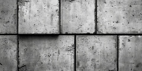 Gray concrete texture featuring rough, uneven surfaces with distinct rectangular blocks arranged in a grid pattern, shadows enhancing depth.