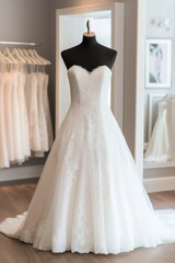 A white wedding dress with a lace design is displayed in a store. The dress is on a mannequin and is the center of attention