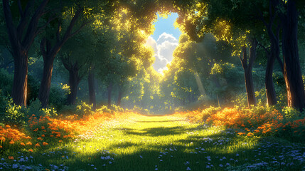 Sunlit Forest Path With Orange And Blue Flowers