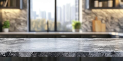 Marble stone kitchen island tabletop in focus with blurred modern kitchen backdrop featuring windows and plants in soft natural light