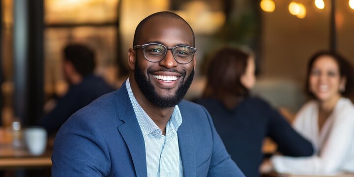 A man wearing a blue suit and glasses is smiling at the camera. He is sitting at a table with other people in a restaurant - Powered by Adobe