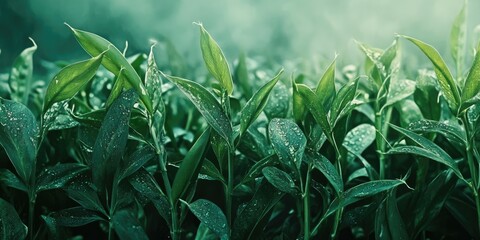Vibrant green snap pea plants with dew drops in lush foliage, captured from a low angle against a soft blurred background in natural light.