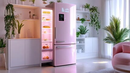 pink refrigerator in modern kitchen interior - pastel colors