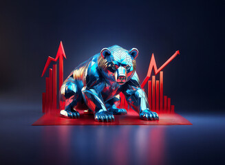 A metallic bear, symbol of a market downturn, sits amidst rising and falling red stock market graphs.  The scene is dark and dramatic, highlighting the bearish trend.