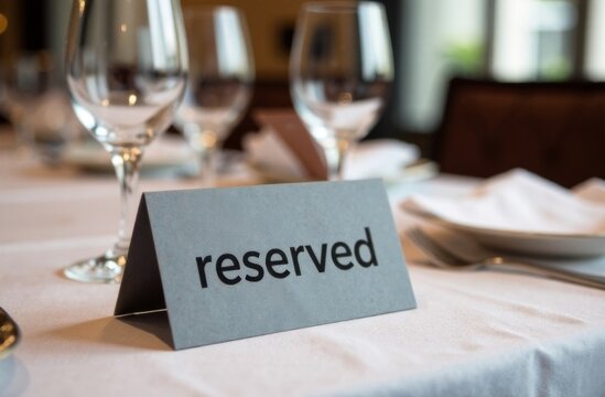 The "Reserved" sign on the table with a blurred background. Booking a place in a restaurant.