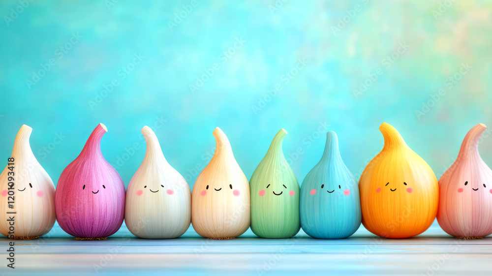 Poster colorful cartoon characters with smiling faces in a row against a soft blue background