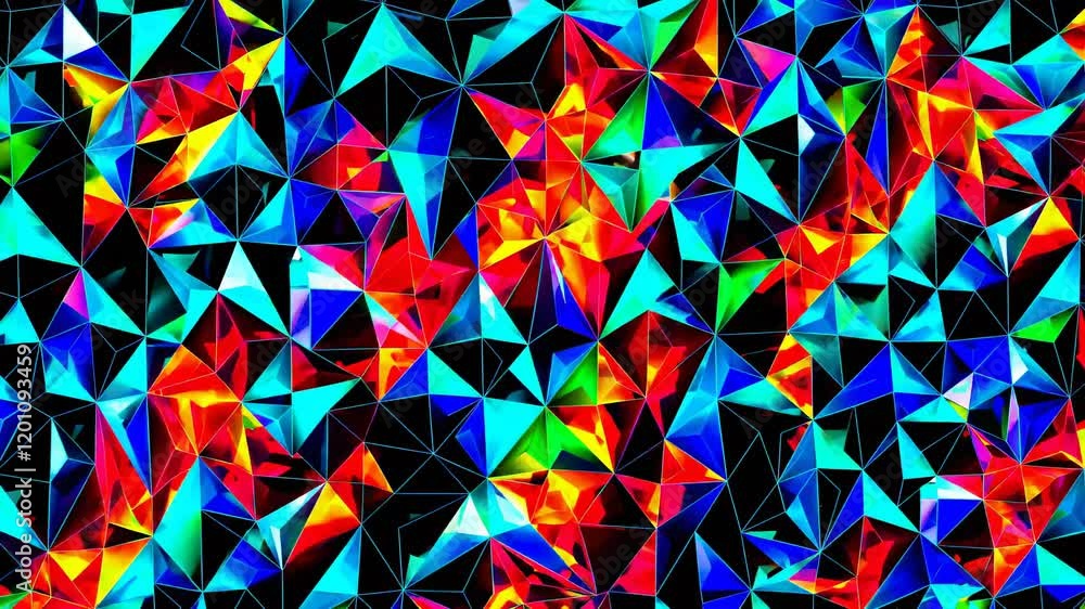 Poster colorful geometric patterns create a vibrant visual display with intricate shapes and hues in a dark