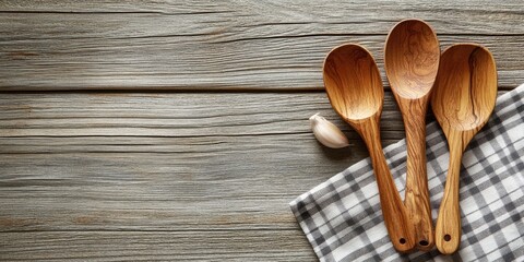 Natural wooden kitchen utensils consisting of three spoons placed diagonally on a gray checkered napkin atop a rustic wooden surface with space for text.