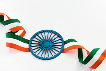 Indian Republic and Independence Day Symbol. Tricolor Ribbon and Blue Wheel
