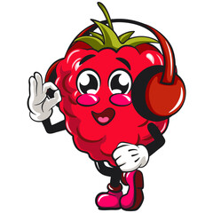 Cute raspberry fruit vektor illustration mascot character listening to headset while dancing, work of hand drawn