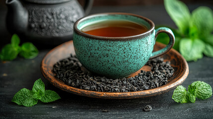 Enjoying a cup of tea with fresh mint on a wooden tray in a cozy setting. Generative AI
