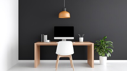 Modern Minimalist Home Office Workspace with Wooden Desk and White Chair