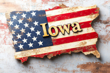 Rustic Vintage Iowa State Shape Decorated with American Flag, Country Charm and Heritage Inspired
