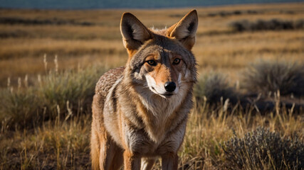 Fototapeta premium Coyote in a sunlit grassland, alert and watchful, gazing directly at the camera.