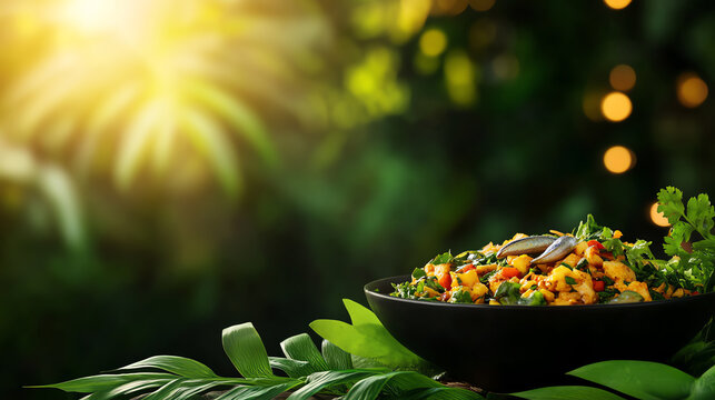 Malaysian Ulam salad with raw herbs, anchovies, and sambal, plated with a backdrop of local village scenes, [Tropical health food, exotic flavors]