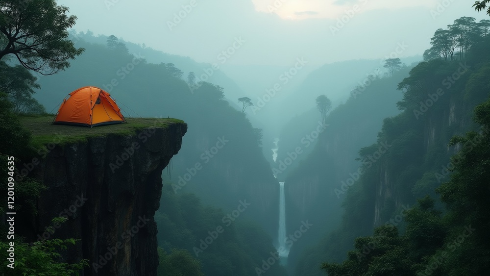 Poster the image shows a beautiful landscape of a mountainous area with a waterfall cascading down the cent