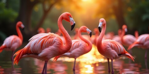 Pink flamingos bask in bright sunlight, vibrant plumage glowing , wildlife photography, wildlife, tropical