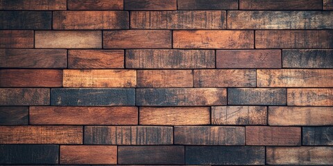Wooden wall texture with a rich brown color palette featuring staggered planks and an empty space for text with a subtle brick banner effect.