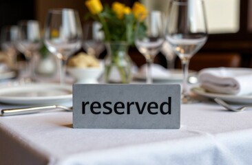The "Reserved" sign on the table with a blurred background. Booking a place in a restaurant.