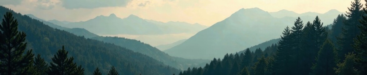 Naklejka premium Misty mountain fir forest, vintage film grain , wood, blurry