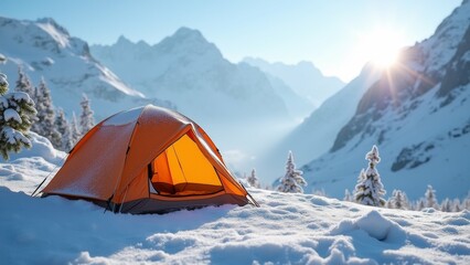 The image shows a bright orange tent set up on a snow-covered mountain peak. The tent is facing towards the right side of the image, with the sun shining brightly in the top right corner.