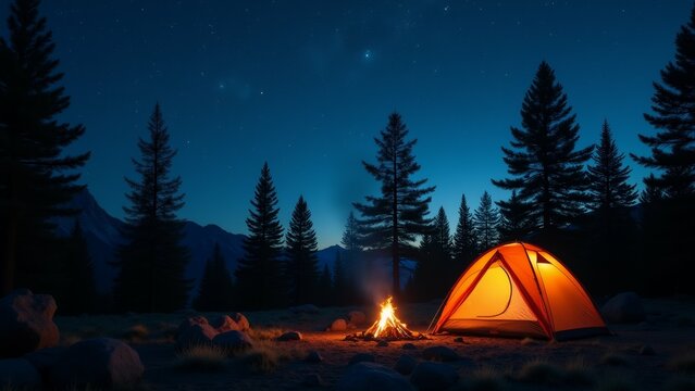 The image shows a camping scene at night. The sky is dark blue with stars twinkling in the background.