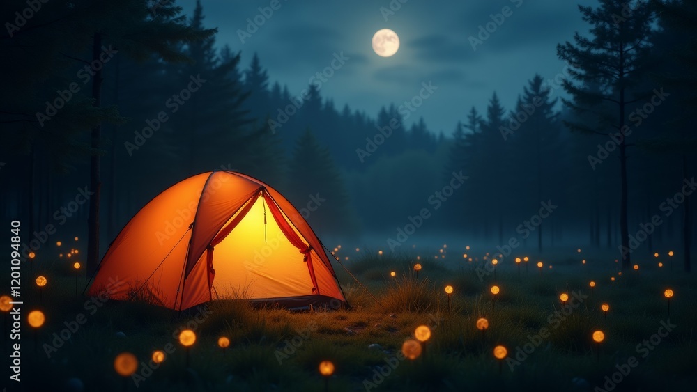 Poster the image shows a camping tent set up in the middle of a forest at night. the tent is orange in colo