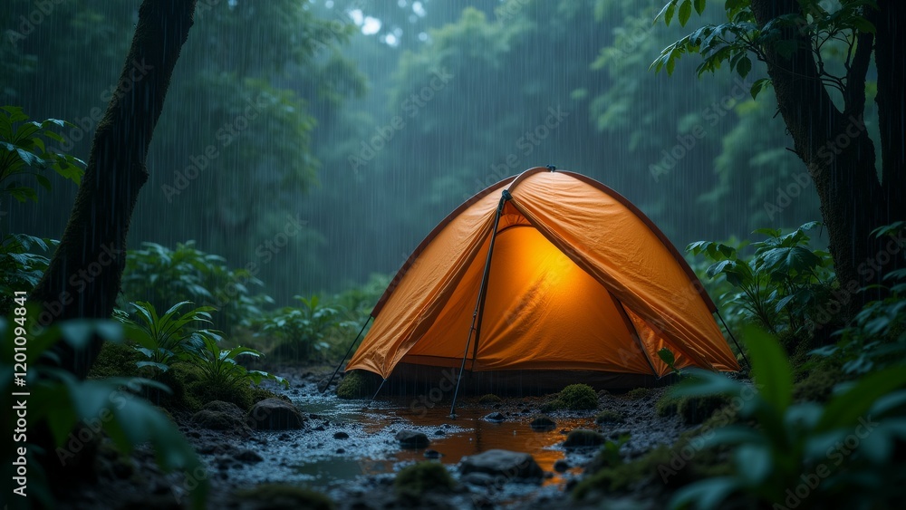 Poster the image shows a camping tent set up in the middle of a forest. the tent is orange in color and is 